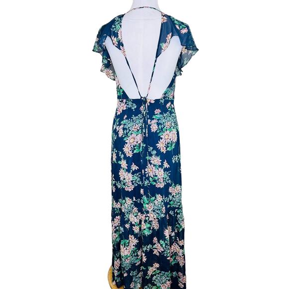 Betsey Johnson Maxi Dress 4 Blue Chiffon Flutter Sleeve Floral Open Back V-Neck - Picture 4 of 12